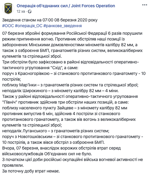 Сутки на Донбассе обошлись без потерь в рядах украинских войск